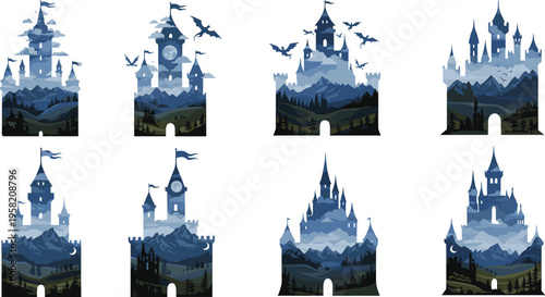 Fantasy Castle Landscape Illustration Set with Mountain Castles, Medieval Towers, and Fairytale Kingdom Scenes Vector Illustration Collection