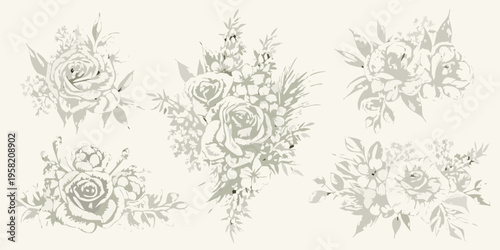 Elegant floral arrangements of roses and foliage in grayscale tones