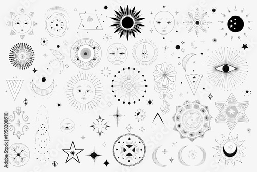 Celestial designs featuring suns moons stars and mystical facial illustrations