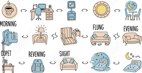 Daily Routine Illustration Set with Morning Coffee, Work Desk, Evening Relax, Reading, Sleeping, and Home Activities Lifestyle Vector Illustration Collection