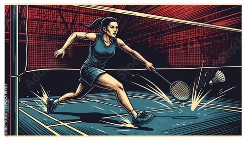 Dynamic female badminton player in action on indoor court