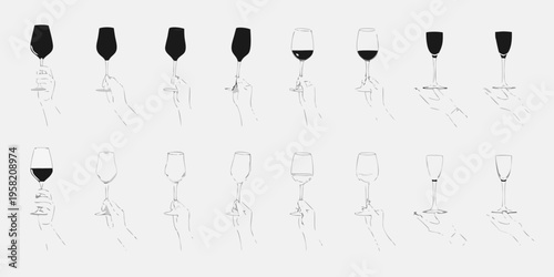 A collection of hands holding various wine glasses in a sketched style