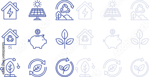 Blue line set and blue icon set together eco friendly symbols