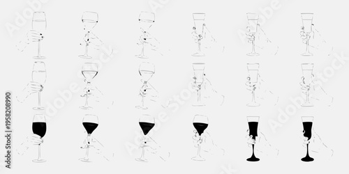 A collection of hands holding wine glasses in various sketched poses