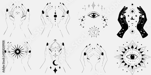 Mystical hands and celestial symbols in a minimalist illustrative style
