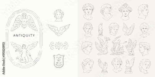Antique style sketches of busts wings and ornamental designs on white