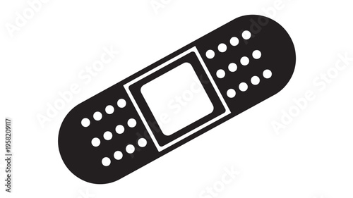 Bandage plaster icon with white sterile pad and perforated adhesive strip in black and white, simple medical symbol for wound care.