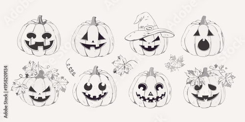 A collection of hand drawn jack o lanterns and autumnal foliage