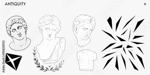 Ancient busts and geometric shapes in a minimalist artistic composition