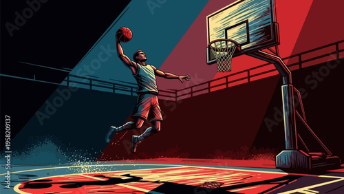Dynamic basketball player dunking in dramatic arena lighting