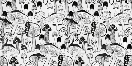 Detailed black and white illustration of various mushroom shapes and sizes