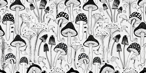 A detailed pattern of various sketched mushrooms and fungal forms