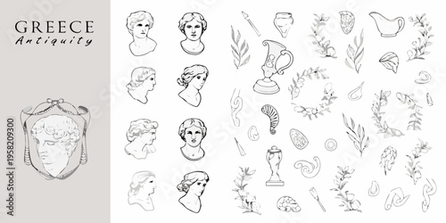 Ancient greek artistry busts pottery and botanical illustrations in sketch form