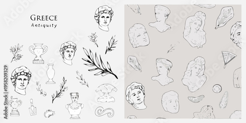 Ancient greek busts pottery and foliage in a repeating pattern