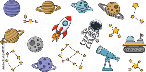 Cute Space Cartoon Icon Set with Planets, Rocket, Astronaut, Telescope, Rover, Stars, and Constellations for Kids Astronomy Vector Illustration