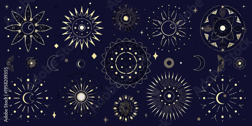 Celestial suns moons and stars in a decorative artistic arrangement