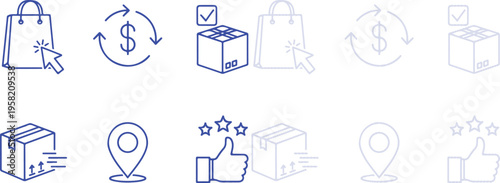 Blue line set and blue icon set together business and finance icons