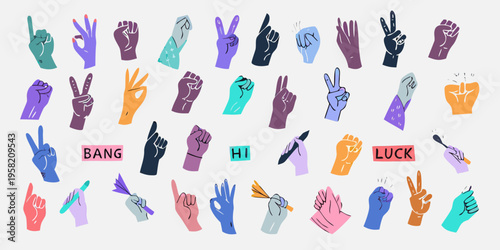 Diverse collection of illustrated hands making various gestures and signs