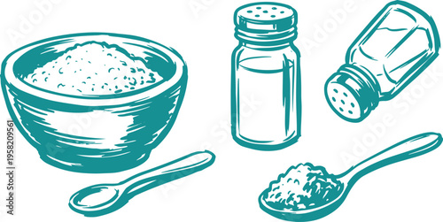 Salt Vector Set, Hand Drawn Salt Bowl and Shaker Clipart Design, Cooking Ingredient Line Art Illustration Collection.