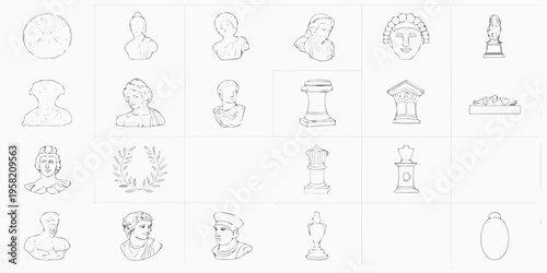Collection of sketched classical busts columns and decorative elements