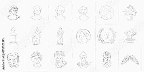 Collection of sketched classical busts portraits and architectural elements