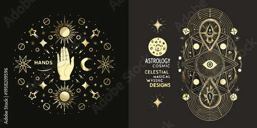 Golden celestial designs featuring hands moons stars and mystical symbols