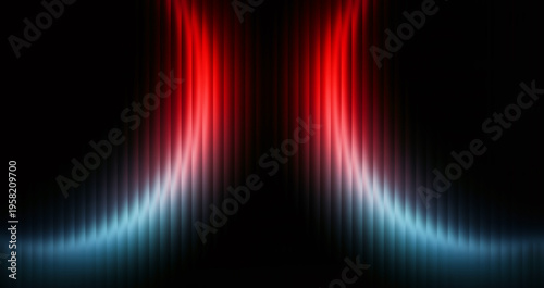 diagonal red blue light streaks through ribbed glass texture on black background tech banner, with vibrant gradient reflections for abstract digital design and futuristic technology concepts