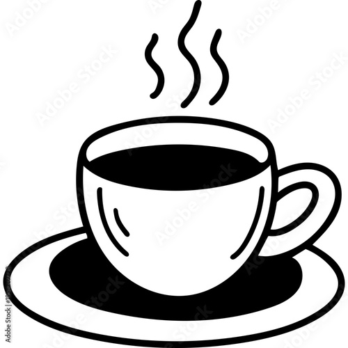 Black and white coffee cup on saucer with steam swirl vector illustration
