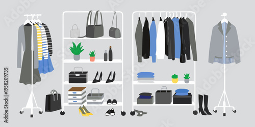 Stylish clothing and accessories displayed on minimalist white storage racks