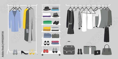 A colorful collection of clothing items displayed on racks and shelves