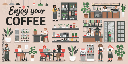 A vibrant illustration depicts a bustling and inviting coffee shop interior