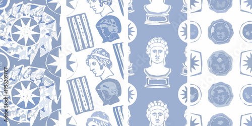 Blue and white repeating pattern featuring classical busts and decorative motifs