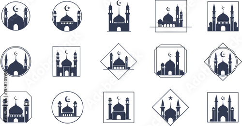 Islamic Mosque Silhouette Icon Set with Crescent Moon in Geometric Frames for Ramadan, Eid Mubarak, and Islamic Architecture Vector Design Collection