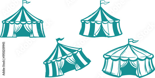 Circus Tent Vector Set, Hand Drawn Carnival Tent Clipart Design, Festival Event Line Art Illustration Collection.