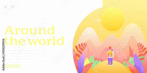 A lone traveler stands before a vibrant mountainous landscape