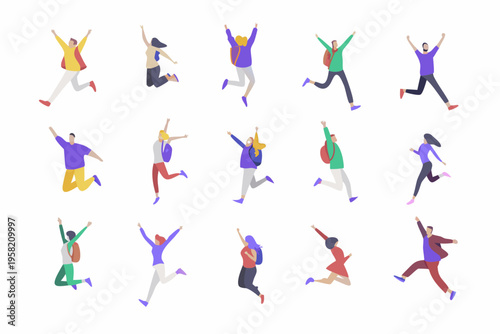 Diverse group of people jumping with arms raised in a celebratory pose