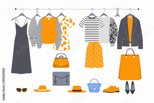 A colorful clothing rack with dresses sweaters and various fashion accessories