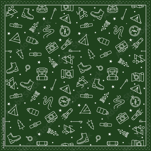 Green adventure camping seamless pattern with hiking icons. Perfect for outdoor bandanas, handkerchiefs, textile prints, and travel backgrounds in a minimal line art style.