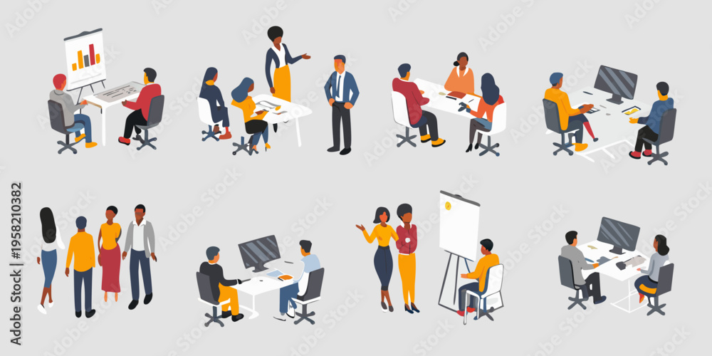Fototapeta premium Isometric illustration depicting diverse people collaborating in a modern office setting
