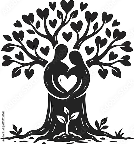 Linocut parent tree heart leaves child sprout vector icon parenting growth love eco sustainable minimal black design white background illustration