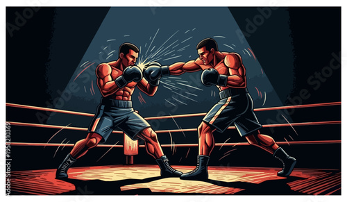 Dynamic boxing match with two athletes in a spotlighted ring