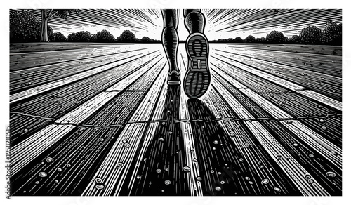 Dynamic black and white illustration of a runner on a track