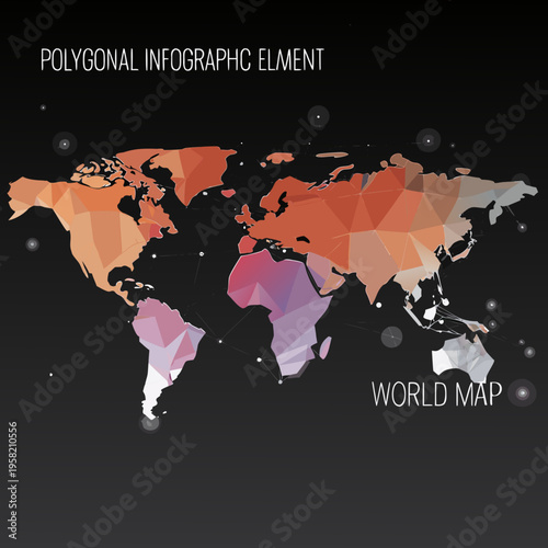 Polygonal world map infographic with continents illustrated in a geometric style