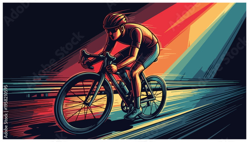 Dynamic illustration of cyclist racing with vibrant light trails