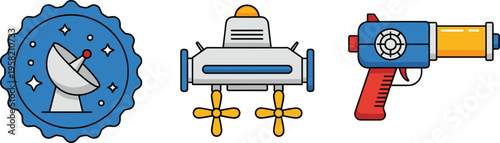 Space Exploration Icon Set with Satellite Dish, Rocket Spacecraft, and Ray Gun in Flat Line Style for Sci Fi Technology Vector Illustration