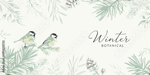 Two small birds perched on branches with winter botanical illustrations