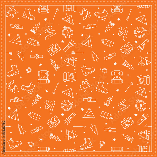 Outdoor adventure pattern with camping icons. Perfect for bandana, handkerchief, scarf, gift wrap, and textile design. Vibrant orange background with white line art hiking gear.