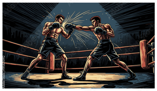 Dynamic illustration of two boxers sparring in a boxing ring