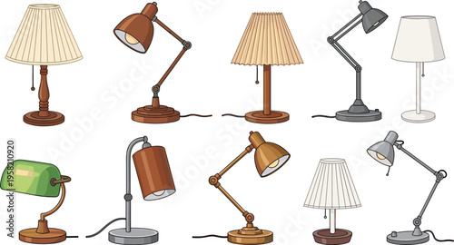 Assorted table lamps with fabric shades, banker’s lamp, adjustable desk lamps, modern and traditional designs, colorful lighting fixtures, stylish interior decor inspiration