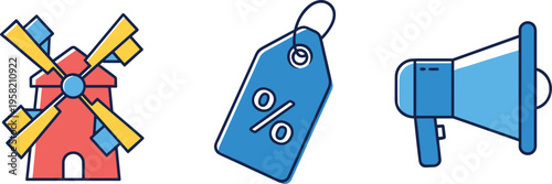 Marketing and Advertising Icon Set with Windmill, Price Tag, and Megaphone in Flat Line Style for Business Promotion and Branding Design